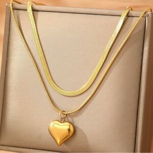22k Gold Heart Pendant Layered Necklace - Women Jewelry